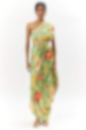 Green Satin Floral Printed Vacation Dress by GOPI VAID at Pernia's Pop Up Shop