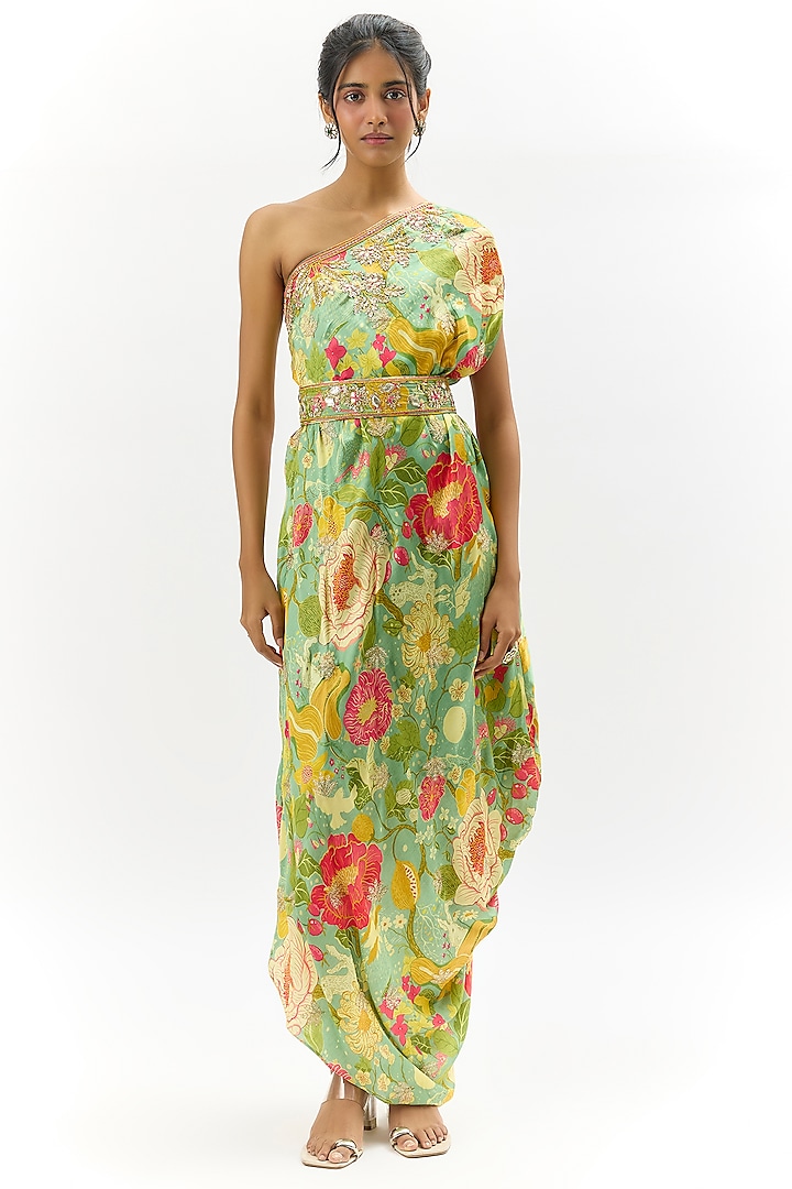 Green Satin Floral Printed Vacation Dress by GOPI VAID at Pernia's Pop Up Shop