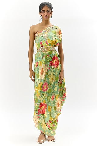 Green Satin Floral Printed Dress by GOPI VAID