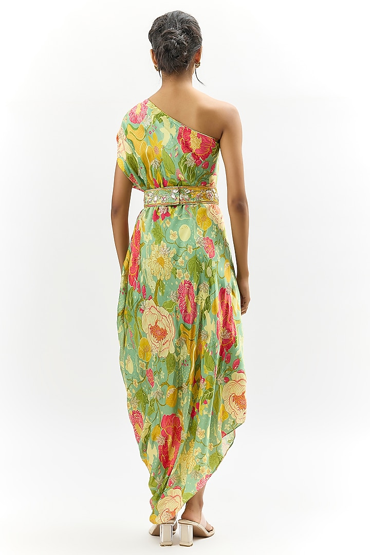 Green Satin Floral Printed Vacation Dress by GOPI VAID at Pernia's Pop Up Shop