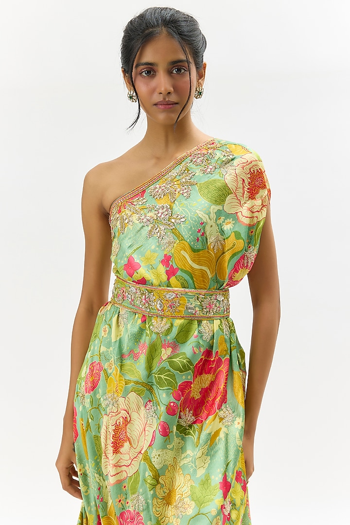 Green Satin Floral Printed Vacation Dress by GOPI VAID at Pernia's Pop Up Shop