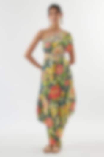 Mint Green Satin Floral Printed One-Shoulder Vacation Dress With Belt by GOPI VAID at Pernia's Pop Up Shop