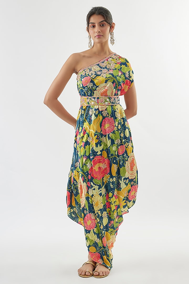 Mint Green Satin Floral Printed One-Shoulder Vacation Dress With Belt by GOPI VAID at Pernia's Pop Up Shop