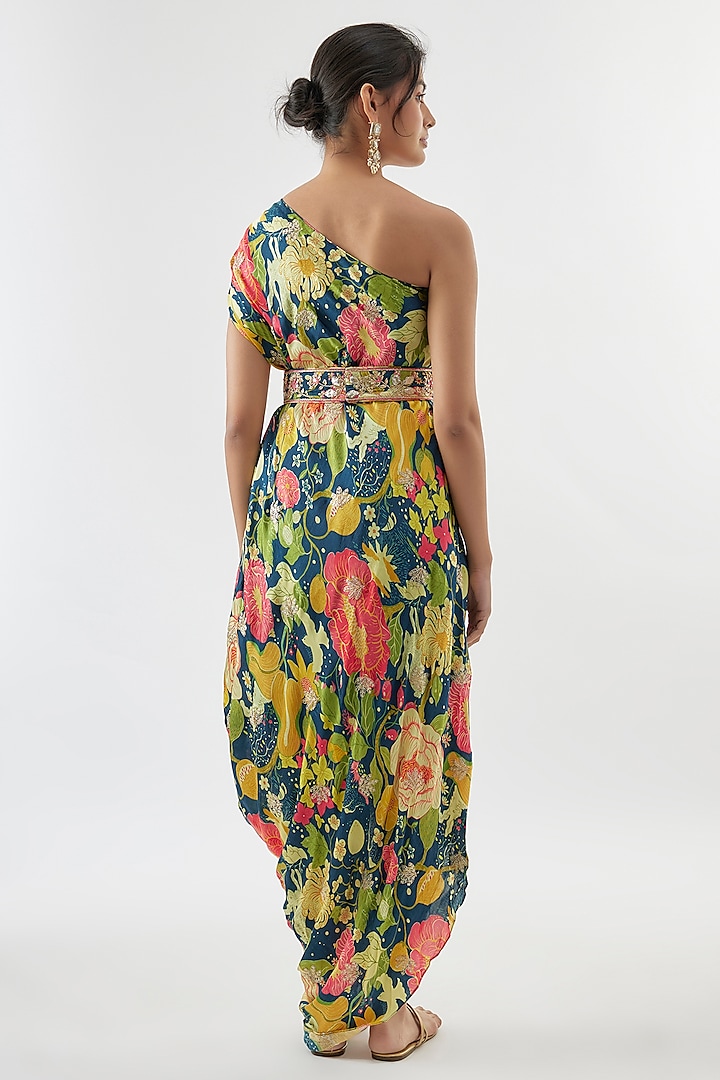 Mint Green Satin Floral Printed One-Shoulder Vacation Dress With Belt by GOPI VAID at Pernia's Pop Up Shop