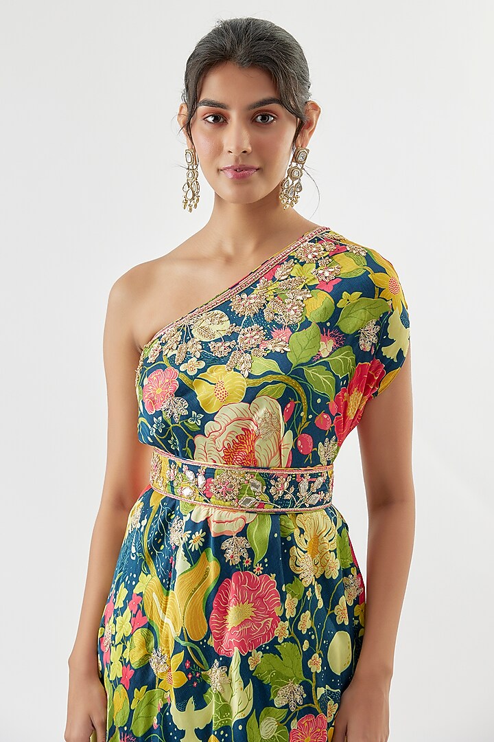 Mint Green Satin Floral Printed One-Shoulder Vacation Dress With Belt by GOPI VAID at Pernia's Pop Up Shop