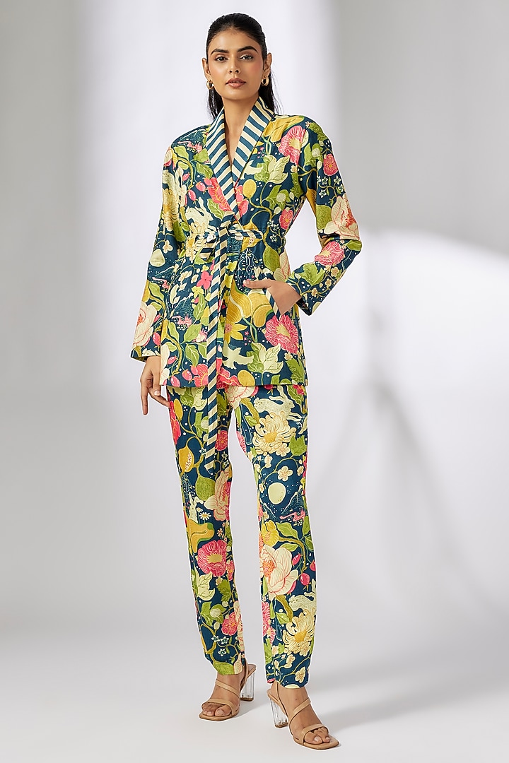 Blue Satin Floral Printed Co-ord Set by GOPI VAID at Pernia's Pop Up Shop