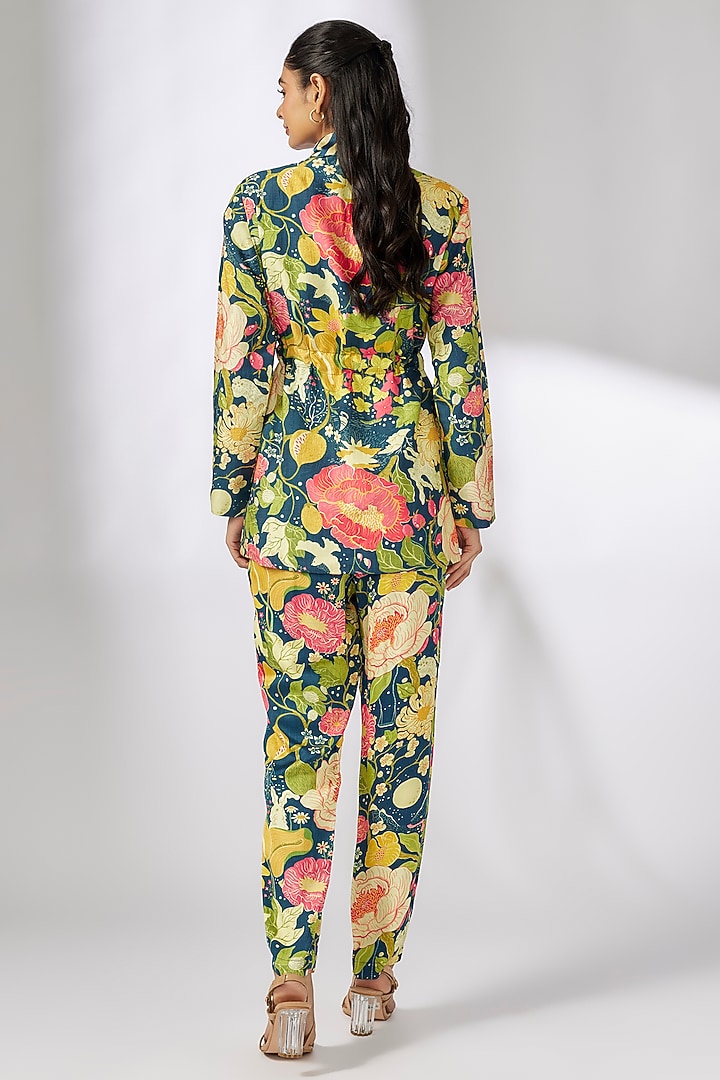 Blue Satin Floral Printed Co-ord Set by GOPI VAID at Pernia's Pop Up Shop