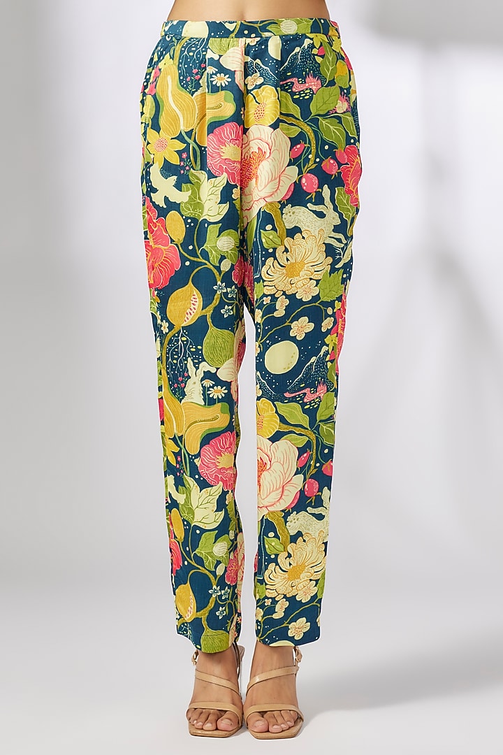 Blue Satin Floral Printed Co-ord Set by GOPI VAID at Pernia's Pop Up Shop