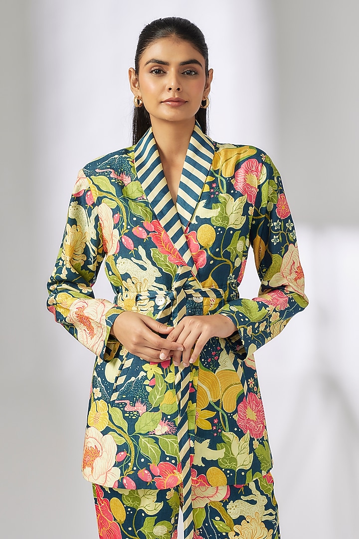 Blue Satin Floral Printed Co-ord Set by GOPI VAID at Pernia's Pop Up Shop