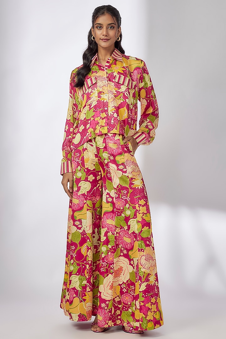 Pink Satin Floral Printed Co-Ord Set by GOPI VAID at Pernia's Pop Up Shop