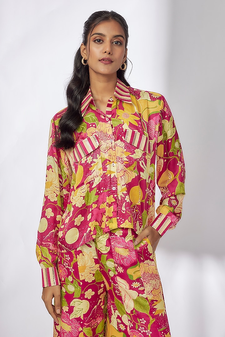 Pink Satin Floral Printed Co-Ord Set by GOPI VAID at Pernia's Pop Up Shop