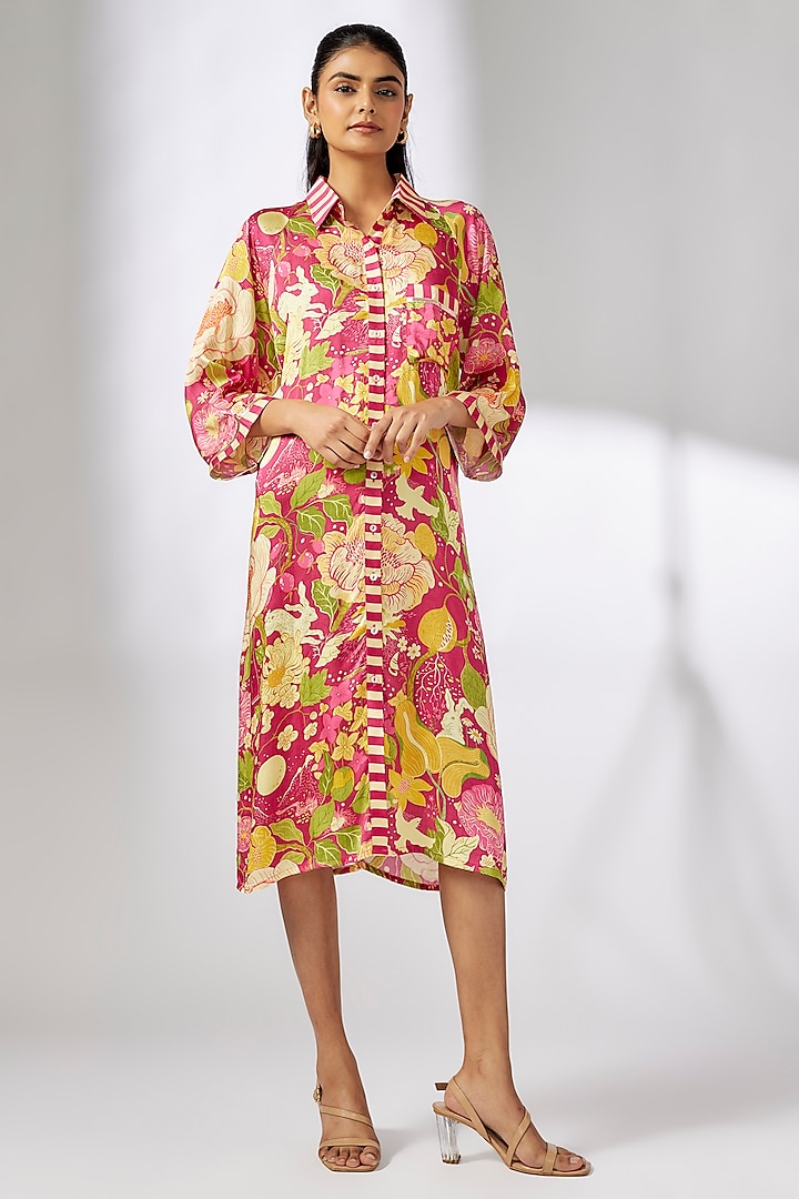 Pink Satin Botanical Printed Shirt Dress by GOPI VAID