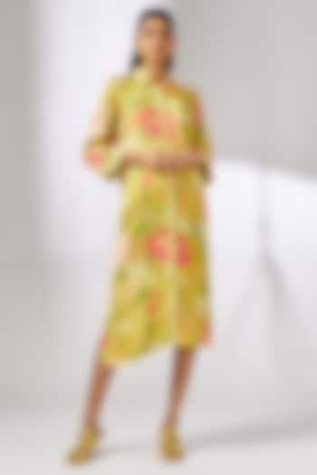 Yellow Satin Botanical Printed Shirt Dress by GOPI VAID