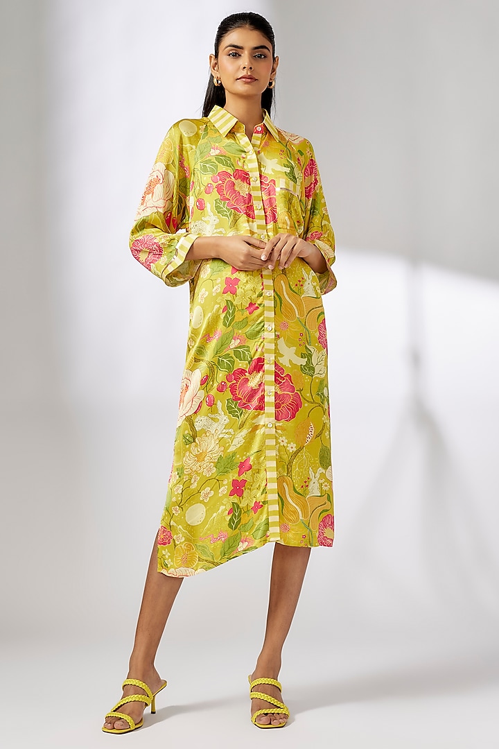 Yellow Satin Botanical Printed Shirt Dress by GOPI VAID