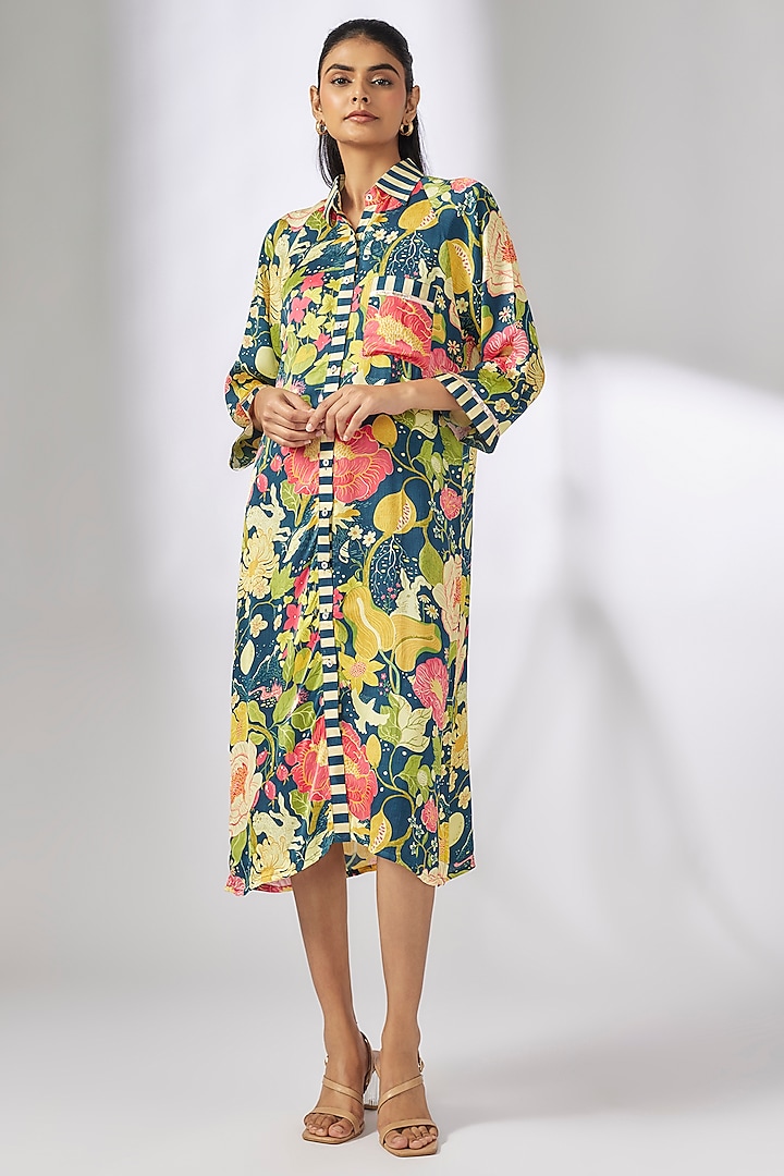 Blue Satin Botanical Printed Shirt Dress by GOPI VAID