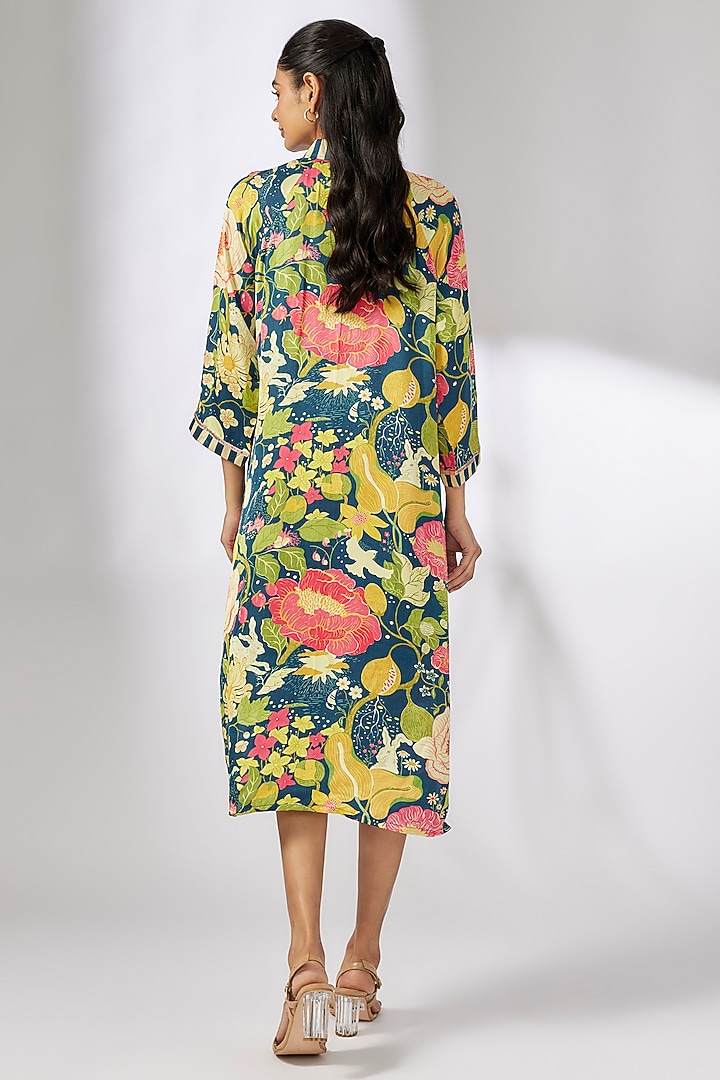 Blue Satin Botanical Printed Summer Shirt Dress by GOPI VAID at Pernia's Pop Up Shop