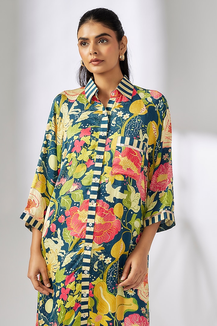Blue Satin Botanical Printed Summer Shirt Dress by GOPI VAID at Pernia's Pop Up Shop