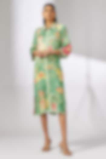 Green Satin Botanical Printed Shirt Dress by GOPI VAID at Pernia's Pop Up Shop