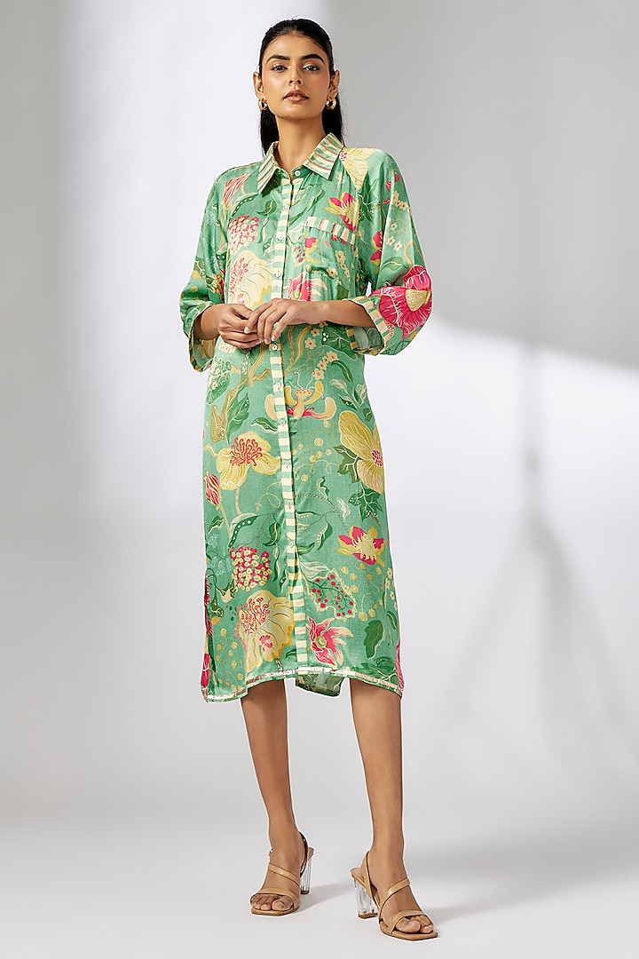 Green Satin Botanical Printed Shirt Dress by GOPI VAID at Pernia's Pop Up Shop