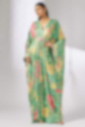 Green Satin Floral Printed Kaftan by GOPI VAID