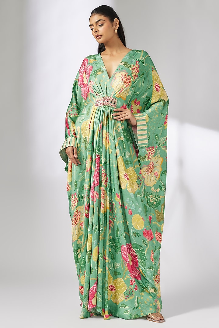 Green Satin Floral Printed Kaftan by GOPI VAID