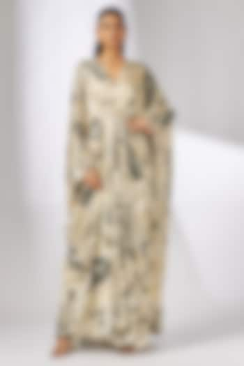 Ivory & Black Satin Floral Printed Kaftan by GOPI VAID at Pernia's Pop Up Shop