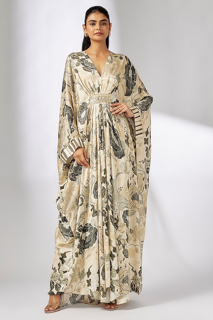 Ivory & Black Satin Floral Printed Kaftan by GOPI VAID at Pernia's Pop Up Shop