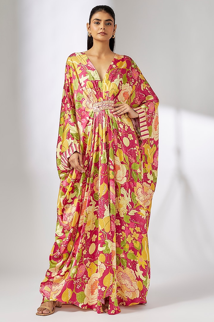 Pink Satin Floral Printed Kaftan by GOPI VAID