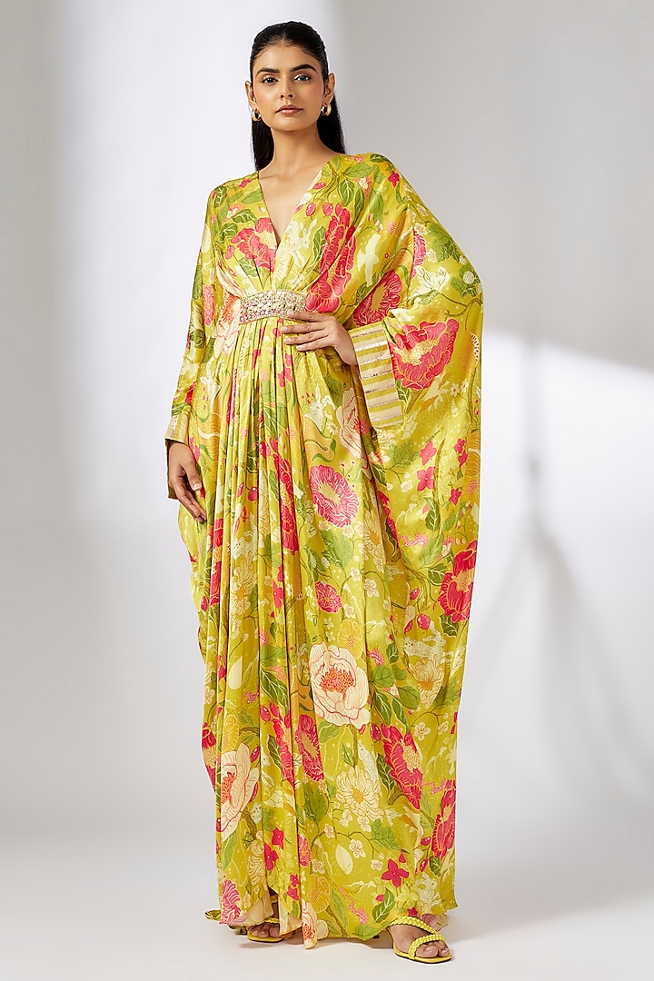 Yellow Satin Floral Printed Kaftan by GOPI VAID at Pernia's Pop Up Shop