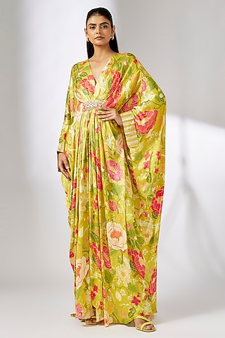 Yellow Satin Floral Printed Kaftan by GOPI VAID