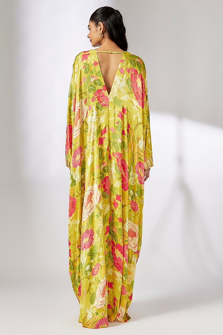 Yellow Satin Floral Printed Kaftan by GOPI VAID at Pernia's Pop Up Shop