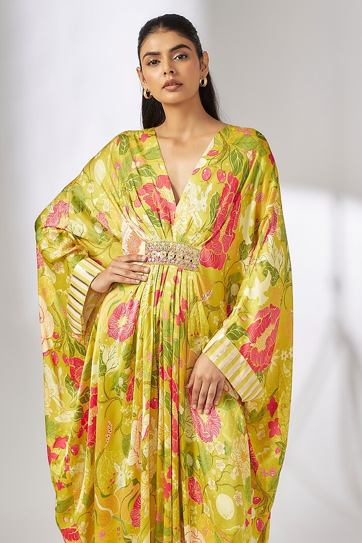 Yellow Satin Floral Printed Kaftan by GOPI VAID at Pernia's Pop Up Shop