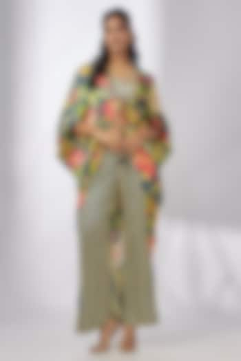 Blue Satin Floral Printed Cowl Jacket Set by GOPI VAID at Pernia's Pop Up Shop