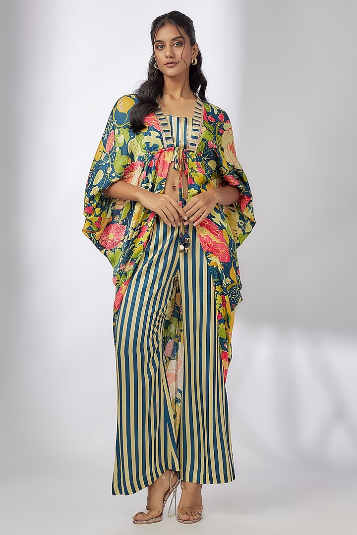 Blue Satin Floral Printed Cowl Jacket Set by GOPI VAID at Pernia's Pop Up Shop