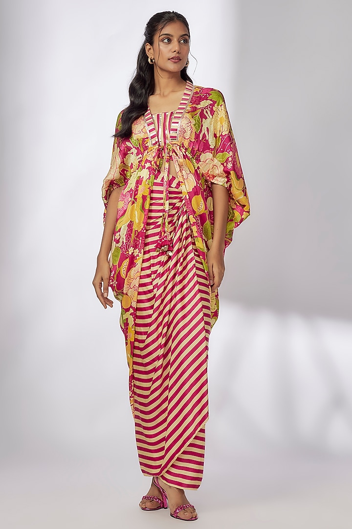 Pink Satin Striped Draped Skirt Set by GOPI VAID at Pernia's Pop Up Shop
