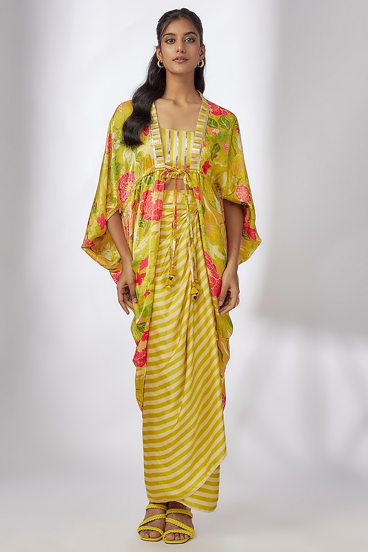 Yellow Satin Striped Draped Skirt Set by GOPI VAID at Pernia's Pop Up Shop