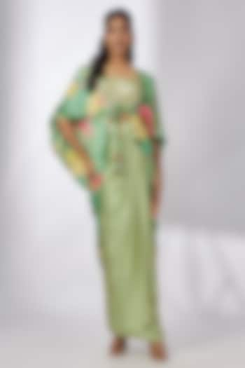 Green Satin Striped Draped Skirt Set by GOPI VAID at Pernia's Pop Up Shop