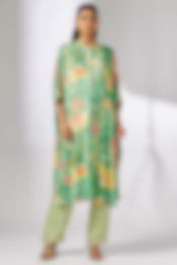 Green Satin Floral Printed Kaftan Set by GOPI VAID at Pernia's Pop Up Shop