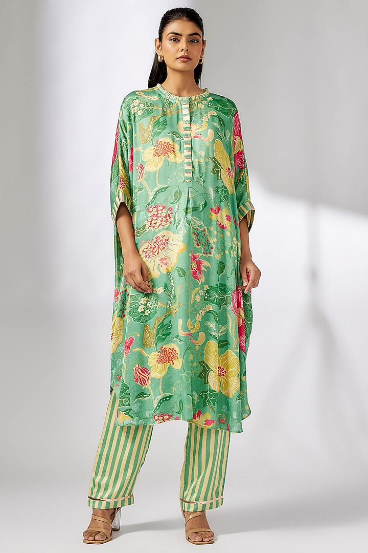 Green Satin Floral Printed Kaftan Set by GOPI VAID at Pernia's Pop Up Shop