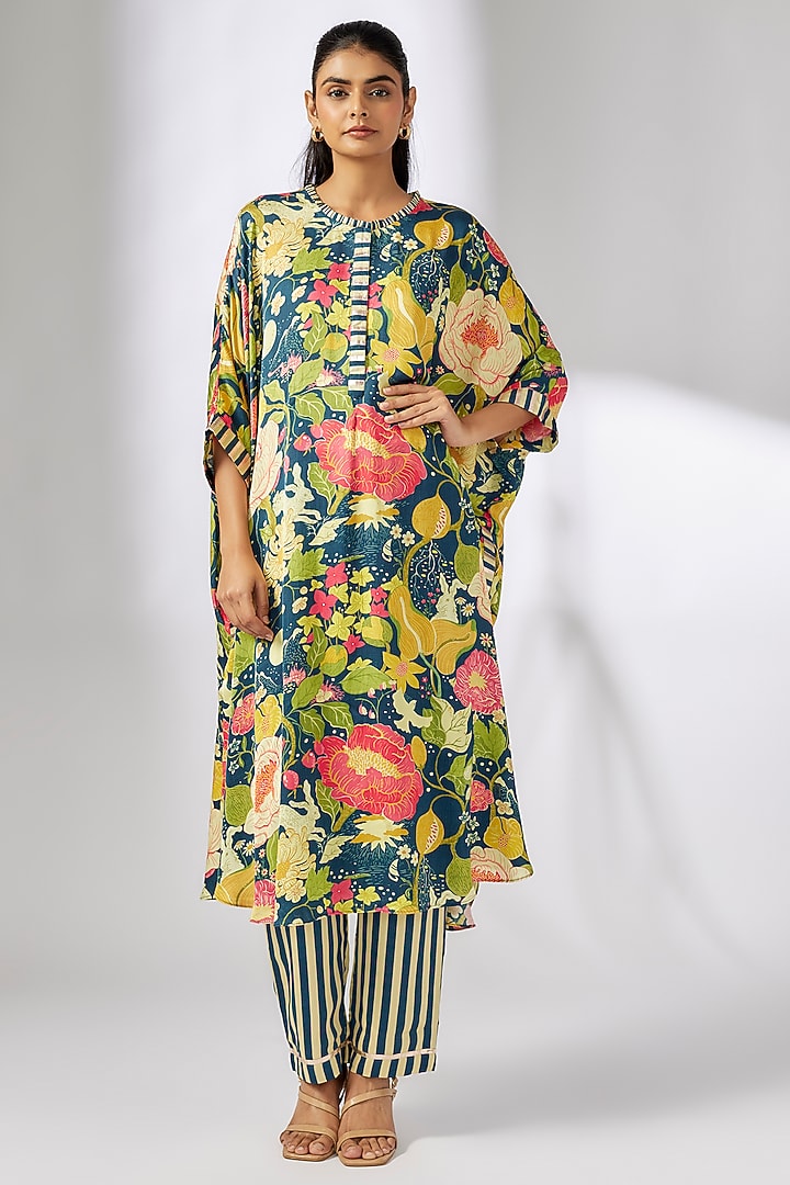Blue Satin Floral Printed Kaftan Set by GOPI VAID at Pernia's Pop Up Shop