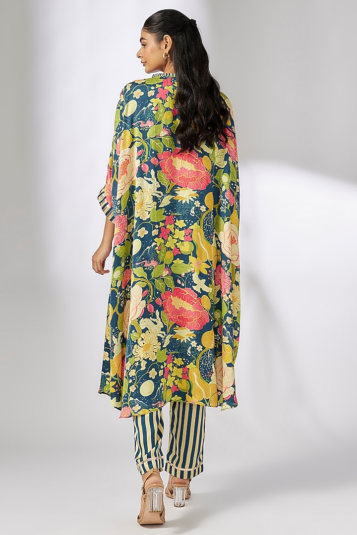 Blue Satin Floral Printed Kaftan Set by GOPI VAID at Pernia's Pop Up Shop