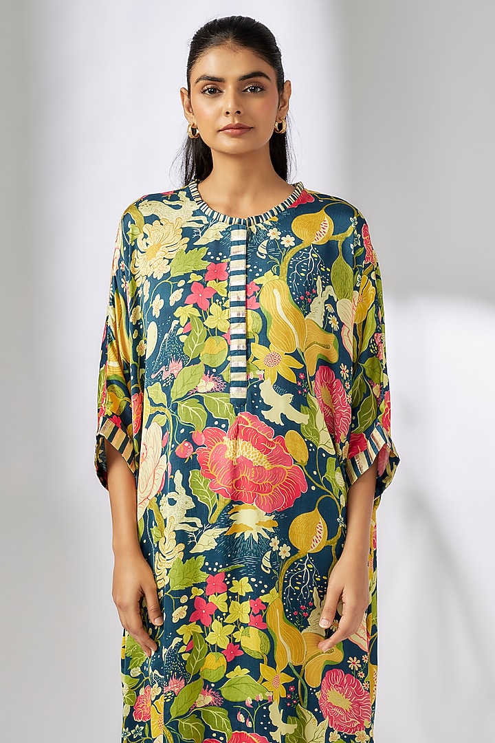 Blue Satin Floral Printed Kaftan Set by GOPI VAID at Pernia's Pop Up Shop