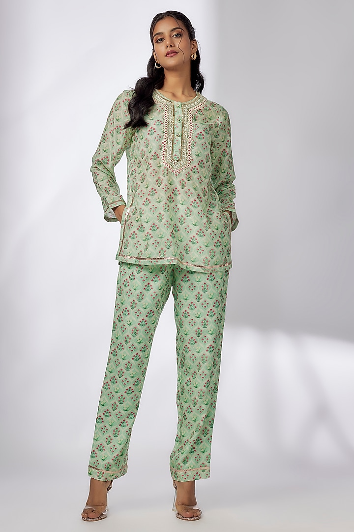 Green Satin Printed & Embroidered Co-Ord Set by GOPI VAID at Pernia's Pop Up Shop