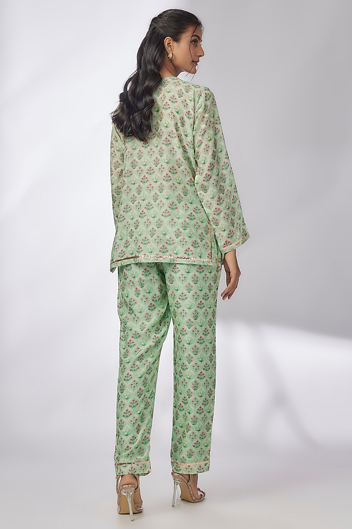 Green Satin Printed & Embroidered Co-Ord Set by GOPI VAID at Pernia's Pop Up Shop
