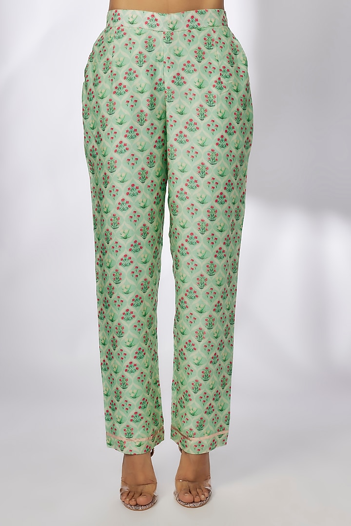 Green Satin Printed & Embroidered Co-Ord Set by GOPI VAID at Pernia's Pop Up Shop