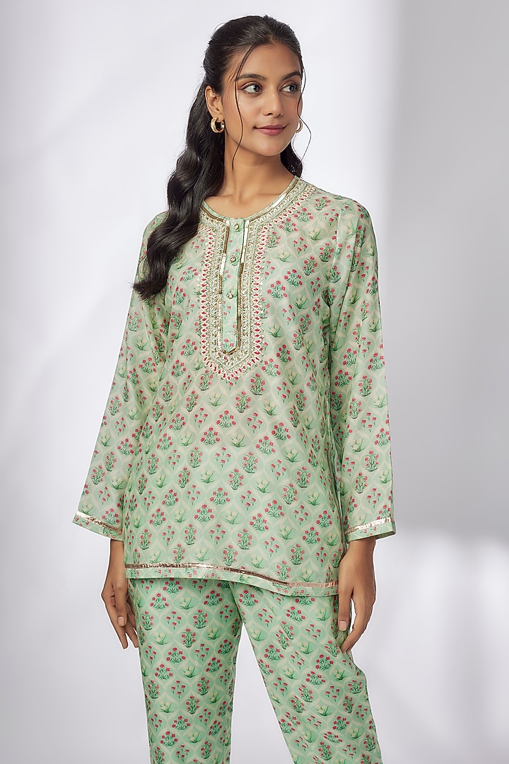 Green Satin Printed & Embroidered Co-Ord Set by GOPI VAID at Pernia's Pop Up Shop