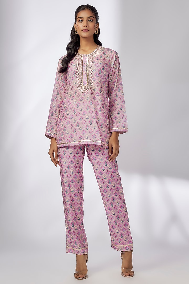 Purple Satin Printed & Embroidered Co-Ord Set by GOPI VAID at Pernia's Pop Up Shop