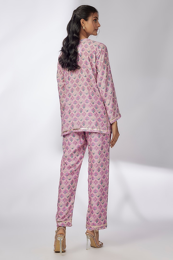 Purple Satin Printed & Embroidered Co-Ord Set by GOPI VAID at Pernia's Pop Up Shop