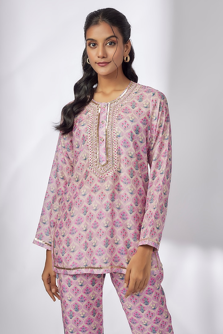 Purple Satin Printed & Embroidered Co-Ord Set by GOPI VAID at Pernia's Pop Up Shop