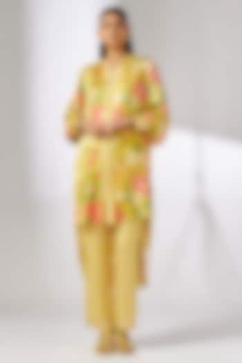 Yellow Satin Floral Printed High-Low Tunic Set by GOPI VAID at Pernia's Pop Up Shop